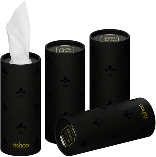 tishoo 4-lagige, ultra-luxuriöse Taschentücher mit Hyaluronsäure | für Getränkehalter im Auto, Zuhause & unterwegs | 4 Röhren x 40 Tücher | Black/Pure