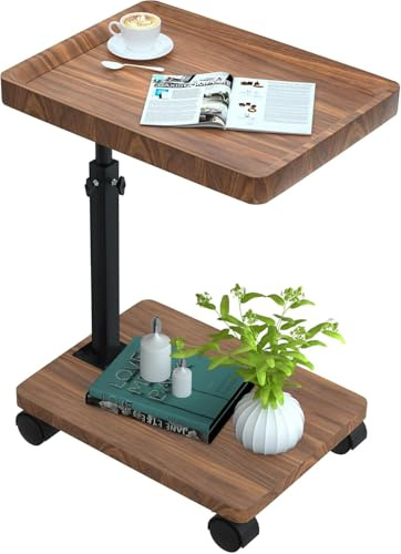 ESTUWD Beistelltisch mit Rollen | Beistelltisch Höhenverstellbar (45-80cm) | Holz Beistelltische c Form haben 360° Rotierend Nussbaum Finish | Couchtisch Klein für Wohnzimmer Sofa Couch (Nussbaum)