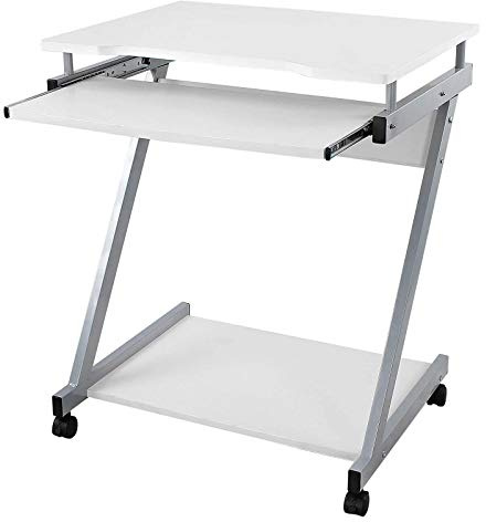 VASAGLE Schreibtisch, Computertisch mit 4 Rollen, 2 Davon mit Bremsen, PC-Tisch leichtgängiger Tastaturauszug, erleichterte Montage, platzsparender PC-Tisch in Z-Form, weiß, LCD811W, 60 x 48 x 73 cm