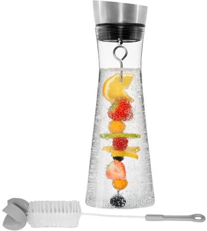 STONELINE Glaskaraffe 1 L mit Deckel aus Edelstahl Wasserkaraffe aus Borosilikatglas mit Fruchtspieß Spülbürste, Karaffe aus Glas für Heiße Kalte Hausgemachte Getränke Eistee Wein Kaffee Saft Limonade