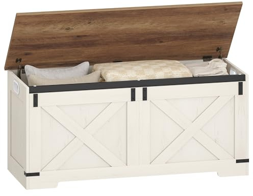 Hzuaneri Schuhbank, Sitzbank mit Stauraum, Sitztruhe mit 2 Stabilen Scharnieren, Aufbewahrungsschrank, Scheunenstil, 40 x 109 x 48,5 cm, für Eingangsbereich, Schlafzimmer, Weiß Braun SB10914X