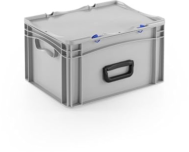 DIE BOX FABRIK Robuster Eurobehälter mit Tragegriff & Scharnierdeckel | Stapelbarer Kunststoffkoffer für Lager & Transport | Aufbewahrungsbox für Werkzeuge, Logistik & Industrie (400x300x233 mm)