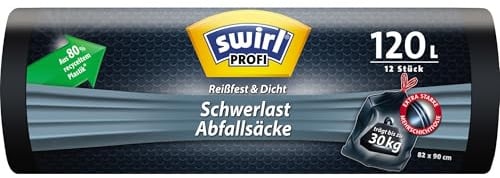 Swirl Profi Schwerlast-Abfallsäcke mit Zugband, 120 Liter, Reißfest, 12 Stück pro Rolle