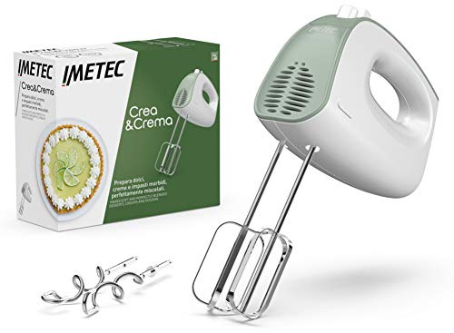 Imetec Crea & Crema Handrührer extra lange Schneebesen für süße Teige und Schlagsahne, Knethaken aus Edelstahl, 5 Geschwindigkeiten, Turbofunktion, ergonomisches Design, 500 W., Weiß und Grün.