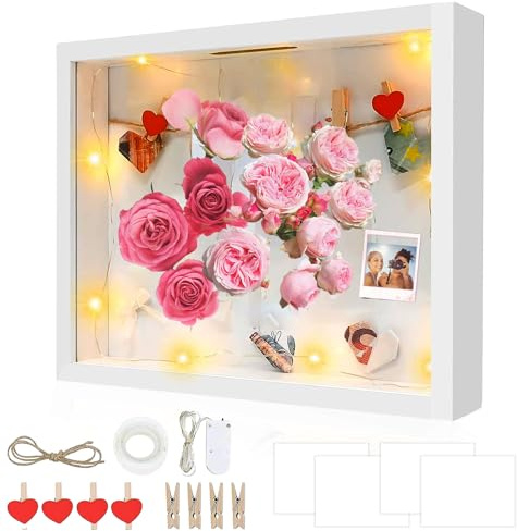 ZIOYA 3D Tiefer Bilderrahmen 27×22 cm mit 1 m LED-Licht Weiß | Quadratisch Geldgeschenk Kastenrahmen 3d Rahmen für Wand Blumen Hochzeit Deko Muttertagsgeschenk