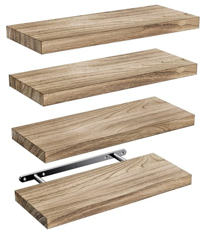 Pipishell Wandregal Holz, 40 cm Regal Wand, Paulownia Küchenregal Hängend Schweberegal Holzregal, 4er-Set aus Holzregalen für Badezimmer, Schlafzimmer, Büro, Wohnzimmer, Küche usw. (Hellbraun)