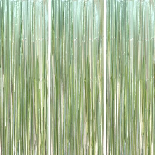 Voircoloria Hellgrüne Folien-Fransen-Hintergrundvorhänge, 1 x 2,5 m, 3 Stück