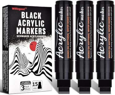 Willingood 3x Schwarz Acrylstifte, Jumbo Marker Set, 15mm Filzspitze, Schnelltrocknend, Wasserfest, Permanentmarker für Steine, Keramik, Glas, Holz, Reifen, Stoff, Metall, Leinwand, DIY