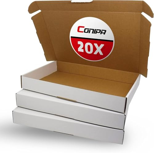 Conipa® 20 Stück Maxibriefkarton A4 350 x 250 x 50 mm Weiß - Warensendung & Buchverpackung aus Stabiler Wellpappe - Versandkarton & Faltkarton BÜWA