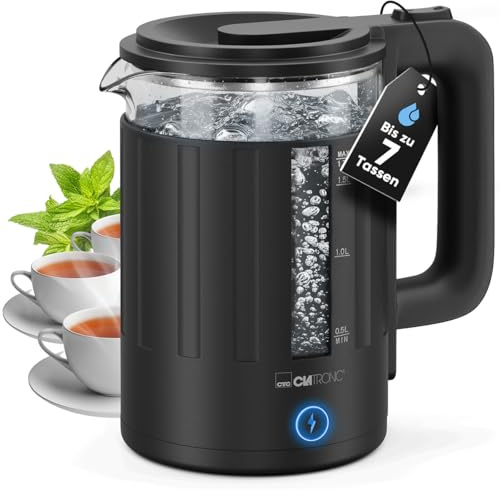 Clatronic Wasserkocher Glas | 1,7 Liter | Einhandbedienung | wärmeisoliertes Gehäuse | Kettle | mit Kabelaufwicklung | Wasserkocher schwarz | WK 3837