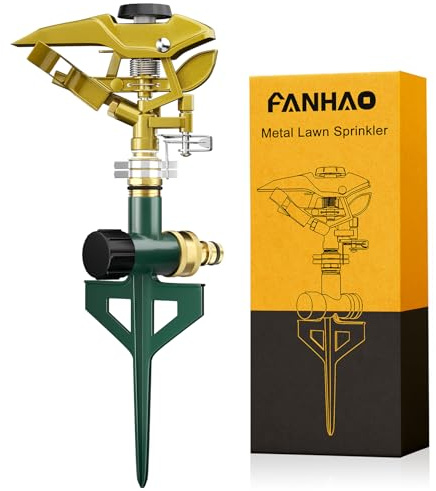 FANHAO Pulsationssprenger aus Metall, Robuster Rasensprenger auf Erdspieß, Impulsprenger zur Bewässerung Flächen bis 540 m², 360° drehbar für große Flächenabdeckung