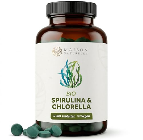 MAISON NATURELLE® | Bio Spirulina & Chlorella Mix (500 Stück) - Hochdosiert mit 2400mg Bio-Spirulina Alge & 2400mg Bio Chlorella Alge je Tagesdosis