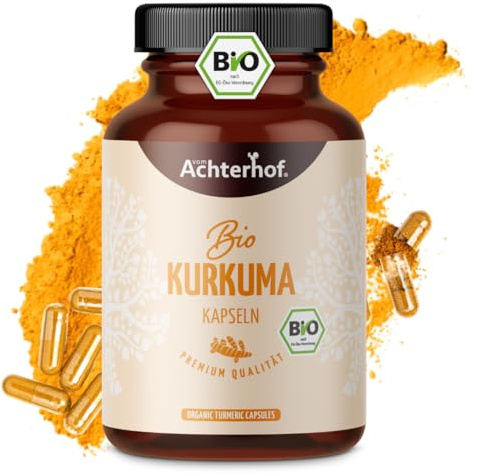 Kurkuma Kapseln Bio | 180 Stück | 4800mg Kurkuma pro Tagesdosis | frisch gemahlene Kurkumawurzel in Bio-Qualität | vegane Kapselhülle | vom Achterhof