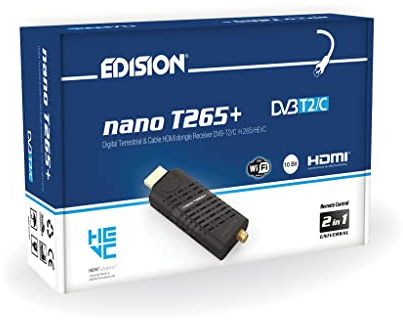Edision Nano T265+ Terrestrischer DVB-T2 und Kabel DVB-C HDMI dongle Receiver, H265 HEVC, FTA, Full HD, PVR, USB, HDMI, IR, USB WiFi Support, Universal 2in1 Fernbedieung, Schwarz