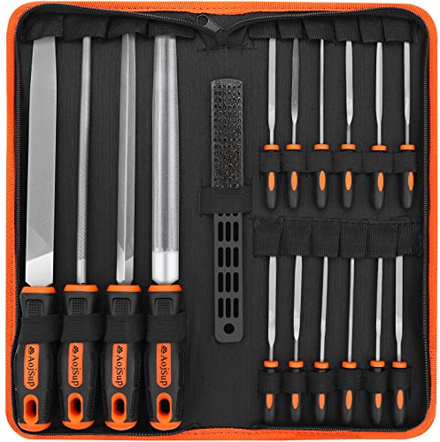Feilen Set, AojSup 18 tlg. Feilenset Metall und Holz mit Aufbewahrungstasche, Hochwertiges Profi Feilensatz Metall inkl Flachstumpfeile, Halbrundfeile, Rundfeile, Dreikantfeile