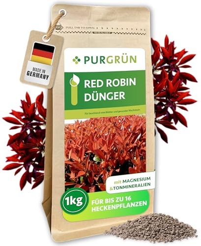 Purgrün® Red-Robin-Dünger 1 kg – Magnesium für eine intensive Blattfärbung – Erhöhte Widerstandskraft dank Kalium – Verbessert die Bodenqualität mit Tonmineralien – Heckendünger für ca. 30 Pflanzen