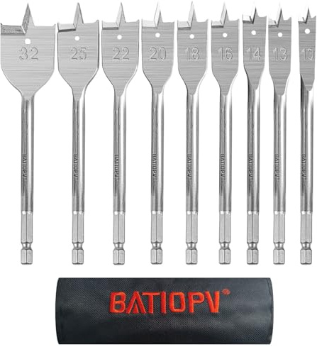 BATIOPV Spatenbohrer-Set Holz, 9-teilig, Ø 10–32 mm, flache Holzbohrer aus legiertem Stahl, 1/4 Zoll Schnellwechsel-Sechskantschaft, ideal für Holzarbeiten, mit Nylon-Aufbewahrungstasche