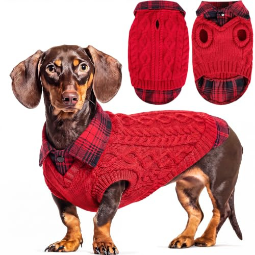 CITÉTOILE Hundepullover Strickpullover Karo Rollkragen Leinenlöcher L | Warme Welpenkleidung, Traktion Loch, Geeignet für kleine & mittlere Hunde, Katzenpullover, Herbst Winter Weihnachten, Rot