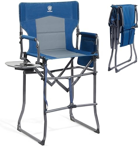EVER ADVANCED 78CM Sitzhöhe Regiestuhl Hoch Klappbar, Make Up Stuhl Faltbar 160KG Belastbar mit Beistelltisch&Seitentasche, Schminkstuhl für Make-up Artist, Sportveranstaltung, Bar-Stuhl, Blau-Grau