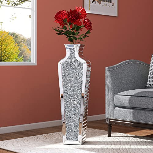 SHYFOY Verspiegelt Bodenvase Groß 68 cm Hoch, Bodenvase Glas mit DREI Pampasgräser, Spiegelfläche, MDF-Struktur, Deko vasen XXL für Kunstpflanzen und Pampasgras, Silber