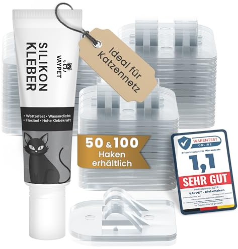 VAYPET® 50 Klebehaken transparent & Silikonkleber [30ml] zur Befestigung vom Katzennetz für Balkon ohne Bohren I Katzennetz ohne Bohren schnell befestigt Dank Stabiler Klebehaken Outdoor wetterfest