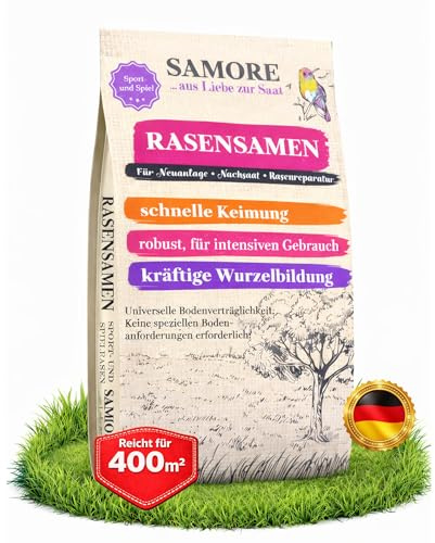 10 kg Rasensamen Sport und Spiel | schnellkeimend |reicht für 400m² Rasen | robust|tiefgrün | ideal für Neuansaat, Nachsaat, Rasensaat Grassamen | trockenresistent | dürreresistent - Made in Germany