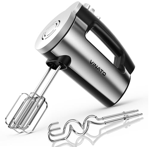 VINATO Elektrischer Handmixer, 300 Watt Handrührgerät mit 6 Geschwindigkeitsstufen, Handrührer mit 2 Edelstahl-Rührbesen und -Knethaken zum Verrühren von Eiern, Teig und Kuchen