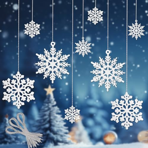 28 Stück Christbaumschmuck Schneeflocken Deko, Schneeflocken zum Aufhängen, Kunststoff Ornamente Weihnachten Weihnachtsanhänger für Christbaumschmuck Dekoration(Weiß, 10cm/7.5cm)
