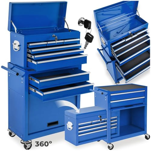 tectake Werkstattwagen Trolley mit Kofferaufsatz, Werkzeug Wagen abschließbar, 10 Fächer, Mobile Werkbank ohne Werkzeug, aus Stahl, Rollen mit Bremsen, Werkzeugwagen leer, Werkzeugschrank - blau