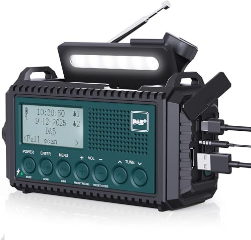 Kurbelradio DAB/DAB+/UKW, Baustellenradio Solar Radio Batteriebetrieben | Tragbare Notfallradio mit 5000mAh Wiederaufladbare Akku, LED Taschenlampe & Leselicht, IPX4, SOS-Alarm für Outdoor, Camping
