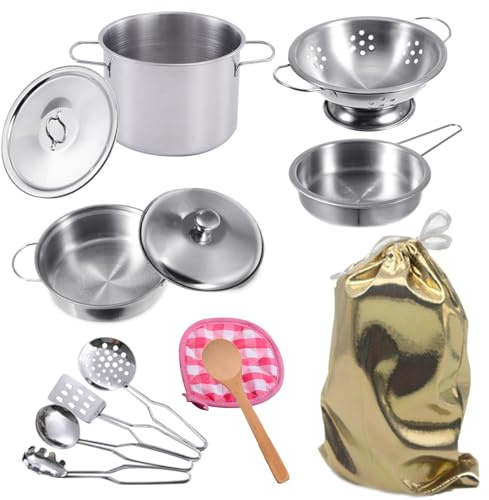 GOLCUGYJH Edelstahl Pretending Cooking Utensils Kochgeschirr Set, Mini Play Kitchen Zubehör, Spielen Töpfe und Pfannen Spielzeug in einem goldenen Stoffbeutel für Kinder Kleinkinder verpackt