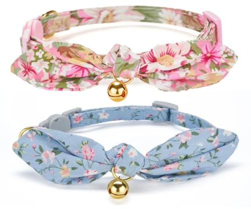 YUDOTE Weiches Baumwoll-Katzenhalsband mit Abnehmbarer, handgebundener Schleife, 2er Pack Kätzchenhalsbänder mit Schnellverschluss und Glocke, Blumendruck