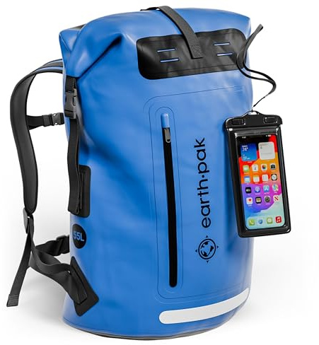 Earth Pak Summit wasserdichter Rucksack, Backpack mit leistungsstarkem Reißverschluss und Rolltop, wasserfester Handyhülle Blau 55L
