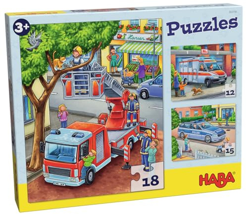 HABA Feuerwehr-Puzzle – 3-teiliges Set für Kinder ab 3 Jahren, Papp-Puzzle mit Polizei- und Rettungswagen-Motiven – Fördert Feinmotorik und Konzentration – 1302759001