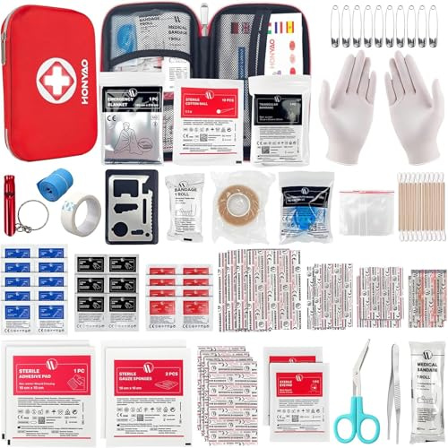 HONYAO Erste Hilfe Set, 200-Teiliges Medizinisch Überlebens Kompakt Kit Kasten mit Leicht Harte Box für Auto Motorrad Zuhause Arbeitsplatz Draussen Camping Wandern Notfall