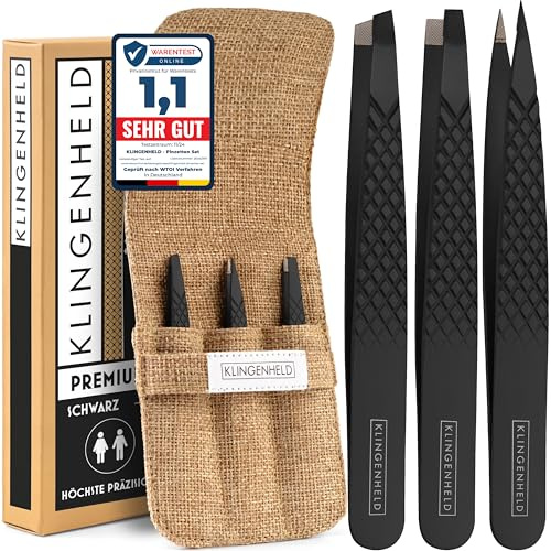 KLINGENHELD® Profi Pinzetten-Set mit ComfortGrip-Spitzen & Anti-Rutsch Griff - Maximaler Halt & höchste Präzision - inkl. Baumwoll-Etui 100% plastikfrei & nachhaltig - Pinzette Augenbrauen zupfen