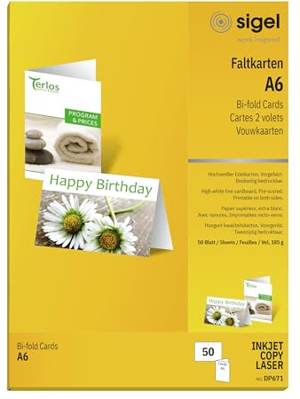 SIGEL DP671 Klappkarten Faltkarten blanko, A6 hochweiß, 50 Stück, 185 g