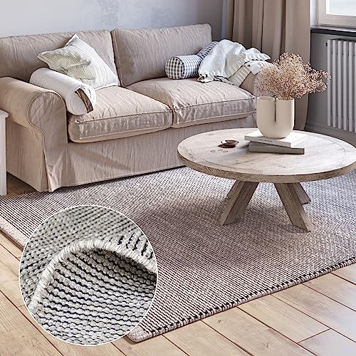 MY-RUG handgewebter Wollteppich 120 x 170 cm aus gewalkter Schurwolle | weicher Teppich aus Wolle | Wohnzimmerteppich, Naturteppich, Wendeteppich, robust & pflegeleicht | Roshni Beige Creme Grau