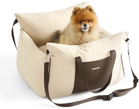 Lesure Hundesitz Auto kleine Hunde - wasserdichter und waschbarer Hunde Autositz mit Aufbewahrungstaschen, ansteckbarer Sicherheitsleine und verdickter Memory-Schaum-Füllung, 58x56x33cm, Beige