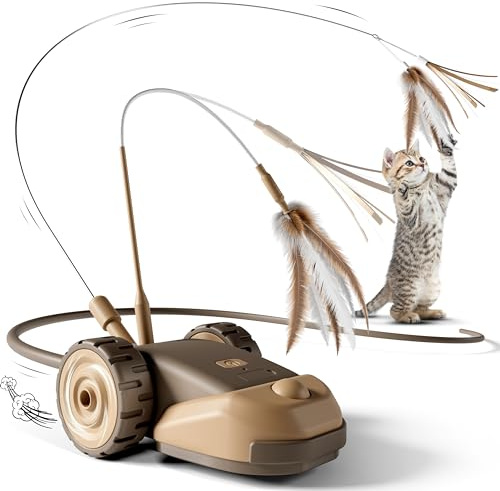 Casfuy 3-in-1 interaktives Katzenspielzeug - 2-Geschwindigkeit katzenspielzeug elektrisch selbstbeschäftigung mit 2pcs hängende Feder Schnur Band und Wiggly Silikon Mäuse Schwanz für Indoor Katzen
