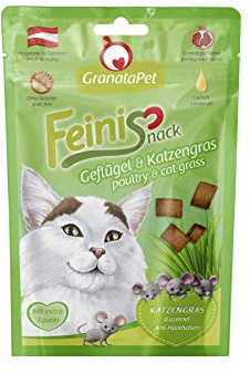 GranataPet FeiniSnack Geflügel & Katzengras, Leckerchen für Katzen, bekömmlicher Katzensnack, Katzenleckerli ohne Getreide & Zuckerzusätze, Belohnung für verspielte Samtpfoten, 50 g