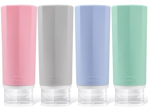 Opret 4 Stück Silikon Reiseflaschen Set, 100ml Reiseflaschen zum Befüllen Kosmetik Shampoo Flüssigkeiten, Auslaufsicher Nachfüllbare Leer Reiseset Reisegröße Behälter Travel Bottles Set Travel Kit