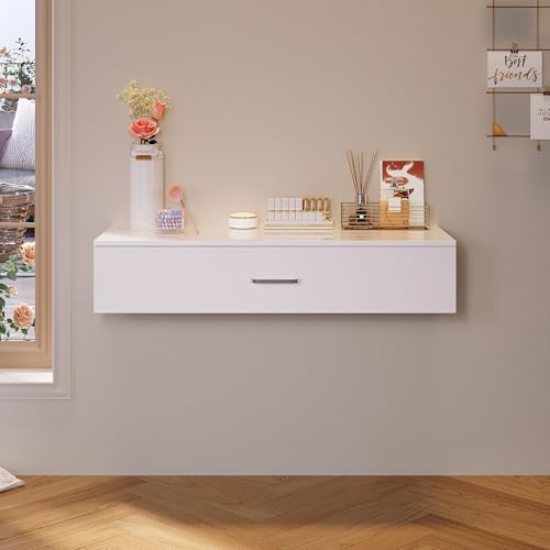 SONNI Schminktisch, 100x36.5x20cm, Frisierkommode mit großer Schublade mit Unterteilungen, Hängend, Nachttisch, Frisiertisch, Kosmetiktisch, Computertisch, Bürotisch, moderner Tisch, Weiß, GTD013