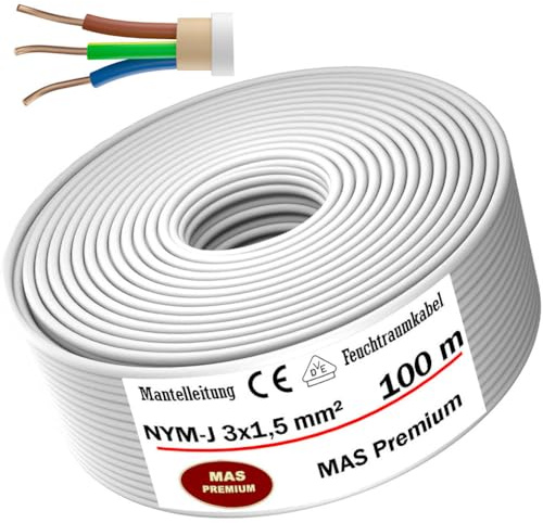 MAS Premium Von 5m bis 200m MAS-Premium Stromkabel Mantelleitung NYM-J 3x1, 5 mm² Elektrokabel Ring für feste Verlegung (100m)