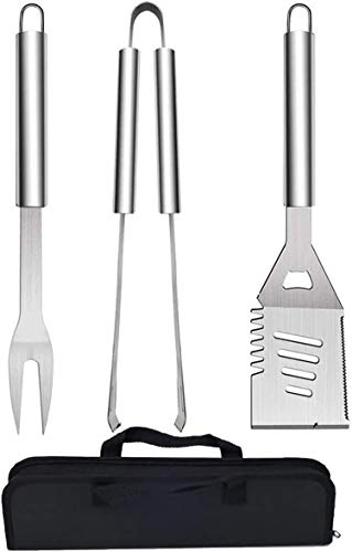 QH7 3PCS Edelstahl Grillbesteck-Set, Professionelle Grill Bestecksets in Tragetasche BBQ Grillwerkzeug Grillset