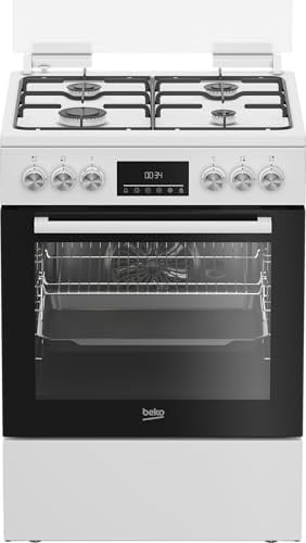 Beko FBM62320WDSL Freistehender Herd, Multifunktionsofen mit Gaskochfeld, 72 l Garraum-Volumen, 4 Kochzonen, 8 Heizarten, Seitengitter, Multifunktionsdisplay, Weiß