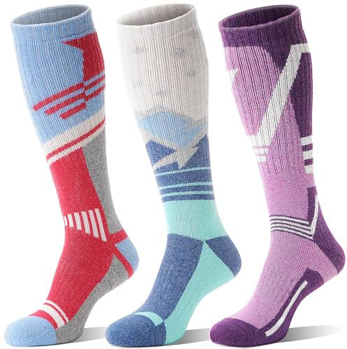 Sandsuced Merino Wollsocken Skisocken Warme Thermosocken Thermo Dicke Wintersocken für Herren Damen Winter Ski Geschenke Socken 3 Paare(Rot/Blau/Violett, M)