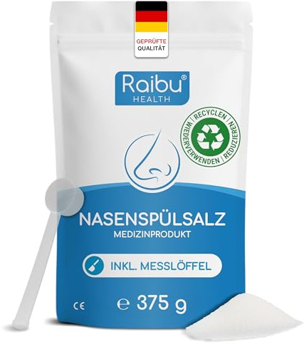 Raibu Nasenspülsalz für Nasendusche, 375g in Nachhaltige Verpackung. Dosierlöffel, Veganes Nasensalz, Deutsche Produktion, Salz für Nasenspülung, 150 Portionen