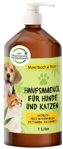 HANFSAMENÖL 1 Liter für Hunde, Katzen und Pferde. Barföl OHNE ZUSÄTZE | naturbelassenes Futteröl zur täglichen Anwendung (mit Dosierpumpe). MEERBACH & ROSE - Qualität aus Deutschland