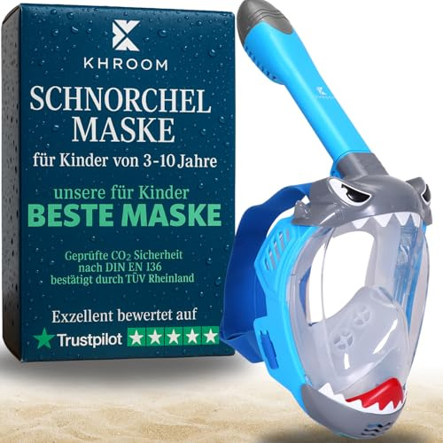 Khroom Schnorchelmaske Kinder 3 - 10 Jahre | TÜV geprüft & CO2 sicher | Vollgesichtsmaske / Tauchmaske Kinder ganzes Gesicht | Tauchermaske mit Tragetasche (Hai Blau)